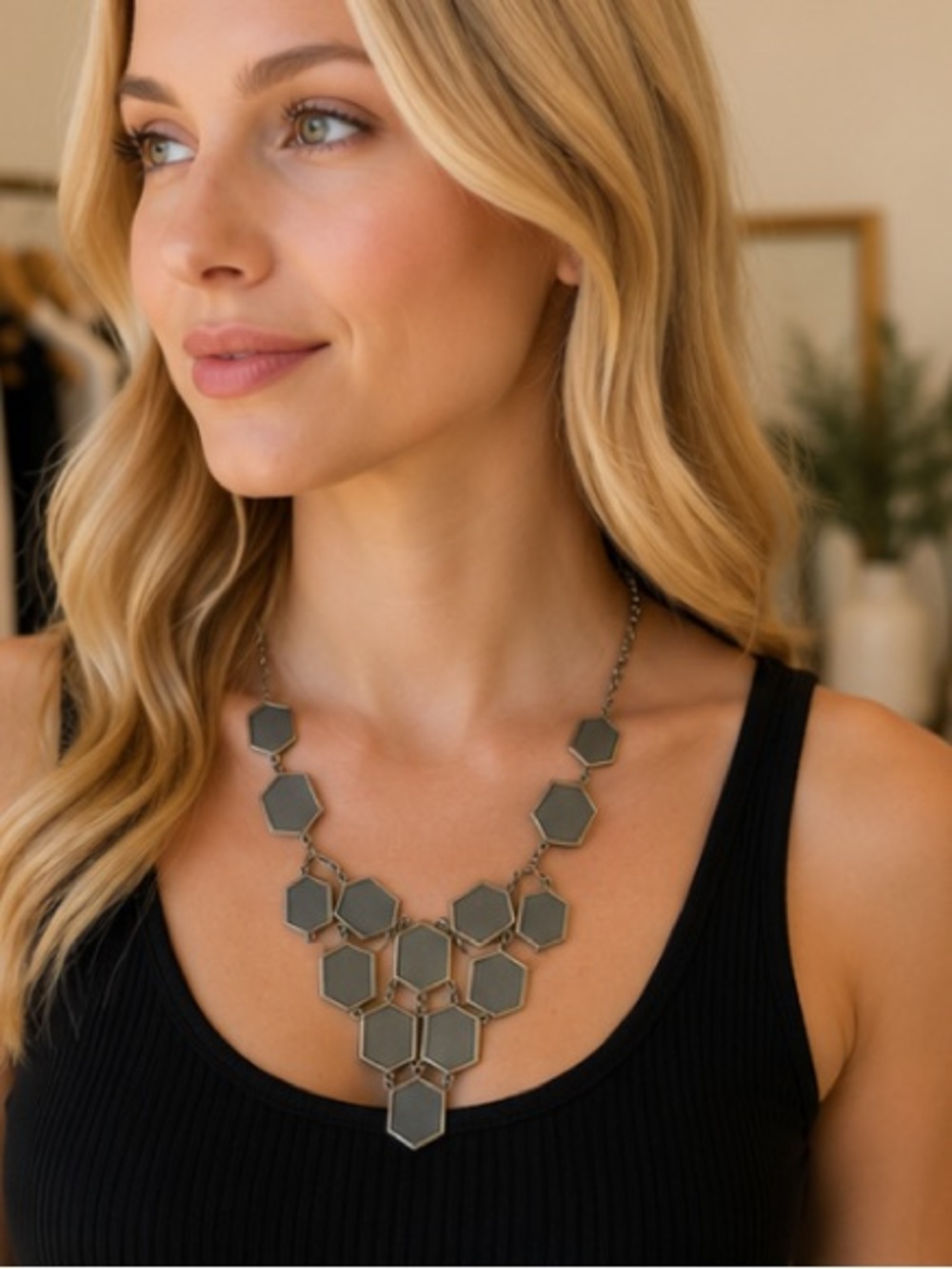 Gray Geometric Hexagon Statement Bib Necklace Silver Tone Modern Fashion